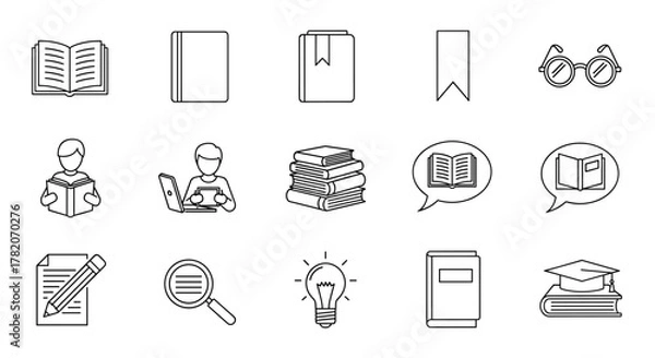 Fototapeta A clean and modern line icon set representing reading and education, featuring elements like an open book, closed books, a bookmark, glasses, a person reading, a student with a laptop, a stack of