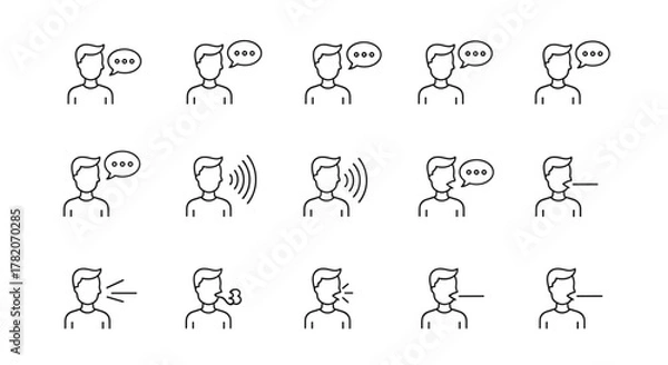Fototapeta Set of minimalistic thin line icons representing a man talking, speaking, whispering, and communicating through speech bubbles, ideal for web, graphic design, apps, banners, and social networks