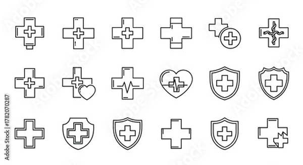 Fototapeta Collection of thin line icons representing medical crosses and hospital symbols, perfect for web, books, cards, and apps. Editable stroke vector cartoon illustration with various medical emblems
