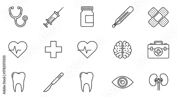 Fototapeta A collection of thin, editable stroke medical icons, perfect for websites, books, cards, and apps. This vector cartoon illustration features a white background and includes a stethoscope, syringe