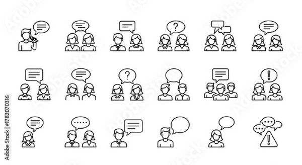 Fototapeta Diverse group of people engaged in communication, represented by a thin line icon set featuring speech bubbles, question marks, and exclamation points, ideal for graphic and web design, apps