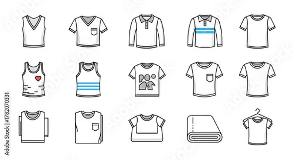 Fototapeta Collection of 15 thin line icons representing various t-shirt styles and clothing items, including sleeveless tops, short-sleeved shirts, polo shirts, folded garments, and a t-shirt on a hanger, all