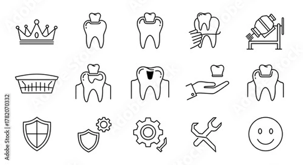 Fototapeta A comprehensive collection of dental crown-related line icons, featuring outline signs perfect for graphic and web design, mobile applications, advertisements, and various card designs. This vector