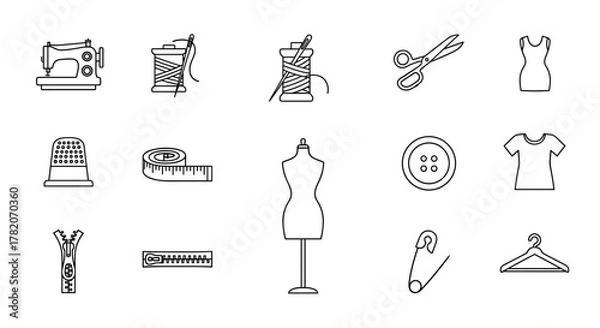 Fototapeta A collection of clean, minimalist outline-style icons representing sewing and garment-related tools and items, perfect for design projects, cards, apps, and social networks. This vector cartoon