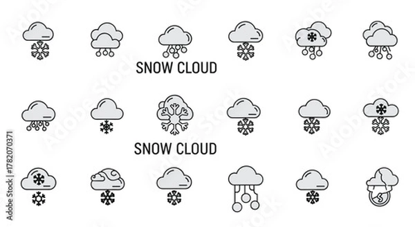Fototapeta Collection of minimalistic snow cloud icons for web and graphic design, apps, banners, social networks, and cards, featuring various snowflake and precipitation styles, presented as vector cartoon