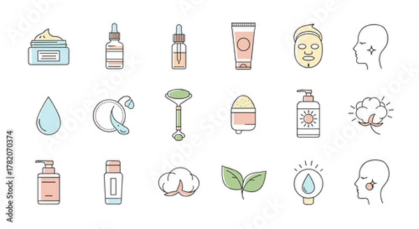 Fototapeta A vibrant and minimalistic collection of linear pictograms representing a skin care line, perfect for web and graphic design, apps, banners, social networks, and cards. This vector cartoon