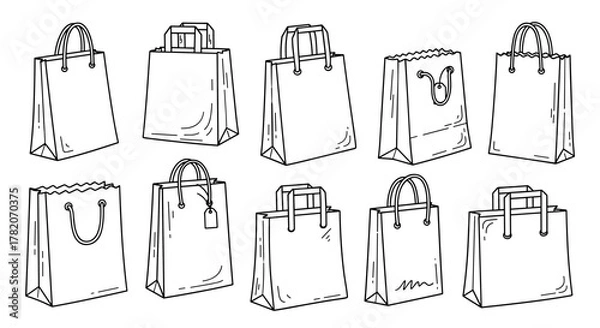 Fototapeta A hand-drawn doodle set of paper shopping bags in black outline, featuring various styles and designs, perfect for e-commerce, retail, and marketing graphics, presented as a clean vector illustration.
