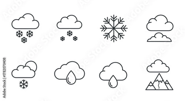 Fototapeta Set of modern outline style icons representing various weather conditions including snowfall, rain, clouds, and mountains, perfect for design elements on cards, apps, and social networks, presented