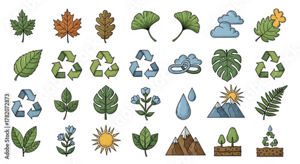 Obraz Set of hand-drawn color icons on an environmental theme, featuring leaves, recycling symbols, mountains, and weather elements for eco-friendly design