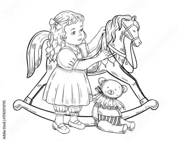 Obraz Vector illustration of a girl playing with rocking horse and teddy bear. Vintage Christmas linear drawing for Xmas greeting cards or New Year invitations. Outline art with child and retro toys.