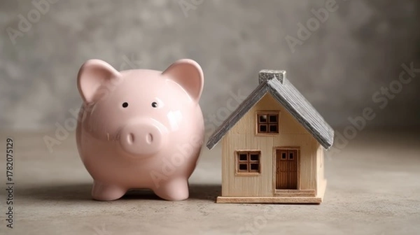 Obraz Dream Home Savings: A ceramic piggy bank symbolizes financial security, sitting alongside a miniature house, representing the dream of homeownership. Evoking a sense of planning and future security.