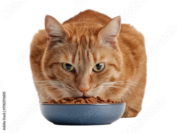 Obraz Pet cat isolated, adult cat eating cat food from a food bowl, adorable cat close-up portrait, isolated on a transparent background, professional pet photography, pet food advertising concept