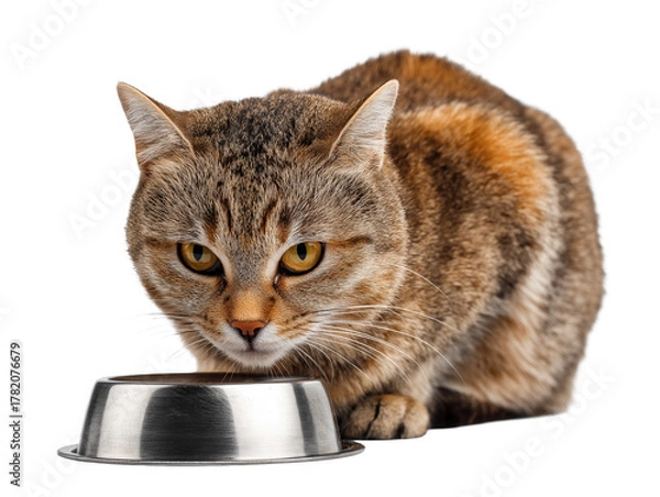 Obraz Pet cat isolated, adult cat eating cat food from a food bowl, adorable cat close-up portrait, isolated on a transparent background, professional pet photography, pet food advertising concept