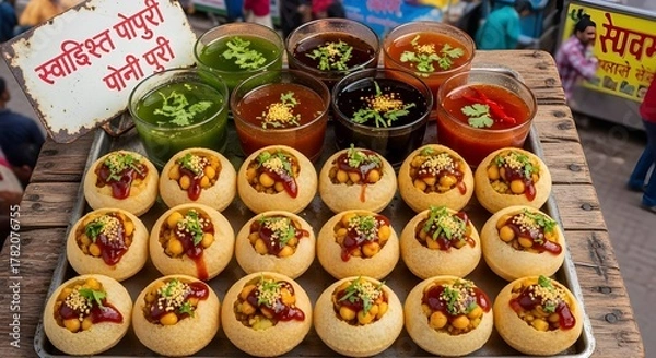 Fototapeta Tangy puffed rice snack mixed with vegetables and chutney