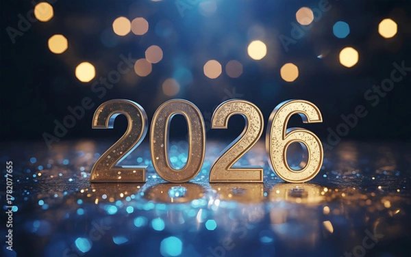 Obraz Bright and Shimmering of Golden 2026 Number with Sparkling Blue Festive Scene Celebrating the Upcoming New Year Holiday