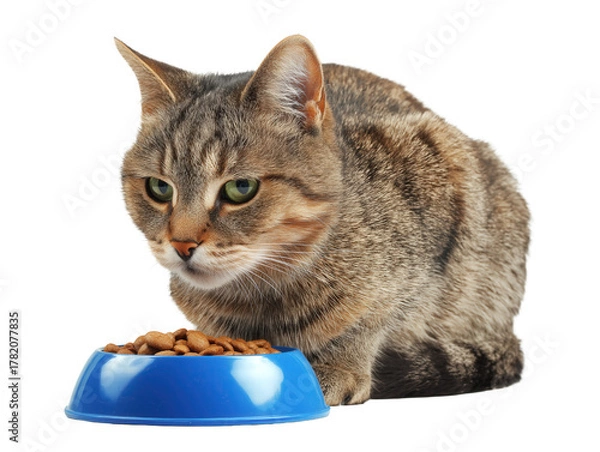 Obraz Pet cat isolated, adult cat eating cat food from a food bowl, adorable cat close-up portrait, isolated on a transparent background, professional pet photography, pet food advertising concept