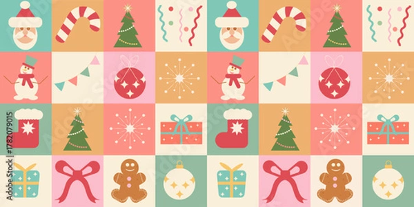 Fototapeta  A seamless pattern with Christmas elements made of geometric shapes. The modern mosaic background includes gifts, confetti, gingerbread cookies, candy canes, snowflakes, and Christmas tree baubles.