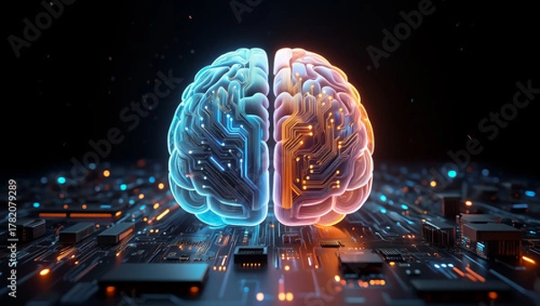 Fototapeta human brain - Digital Brain with Blue and Orange Hemispheres Above Circuit Board – Stylized Illustration Representing Artificial Intelligence, Neural Networks, and Cognitive Computing