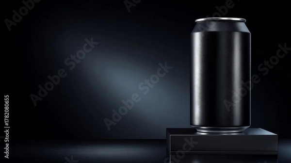 Obraz Sleek Black Can on a Minimalist Platform with Dramatic Lighting and Dark Background.