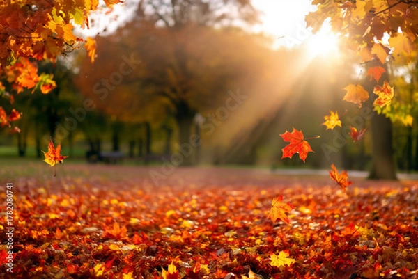 Fototapeta autumn in the forest - Autumn Park Scene with Falling Leaves, Warm Sunlight, and Seated Figure – Peaceful Seasonal Landscape Symbolizing Reflection, Change, and Tranquility