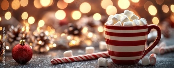 Fototapeta red and white striped mug filled with hot chocolate, surrounded by marshmallows on the table, candy cane next, enchanting bokeh background of twinkling lights, Christmas atmosphere, wide banner 