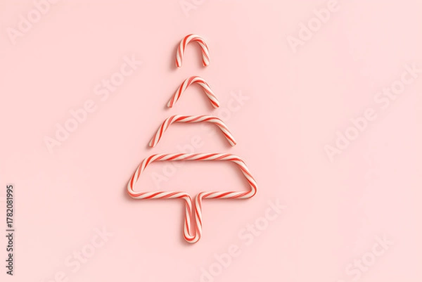 Fototapeta Christmas tree made of candy canes on a light pink background, festive and sweet, christmas