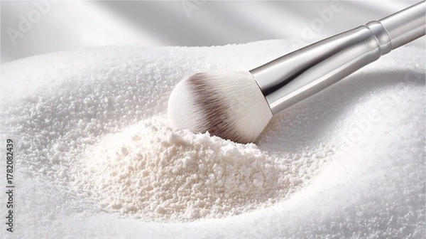 Obraz Soft Makeup Brush with Powder on Silky White Material for Beauty and Personal Care Applications