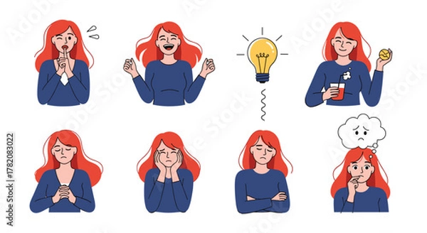 Fototapeta A collection of illustrated female emotions and expressions showing different moods and reactions to situations.