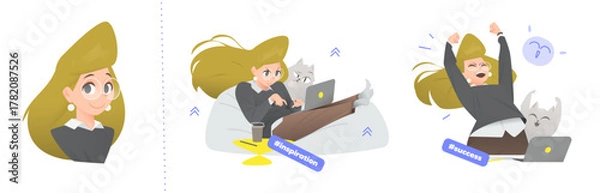Obraz Cartoon Vector Illustration of a Successful Business Woman and her Cat. Scene 1: Working Creatively on Laptop, Cat Observing. Scene 2: Joyful Celebration of Success and Achievement.