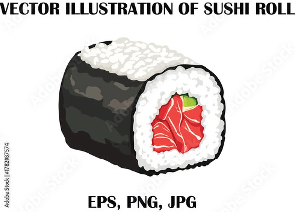 Fototapeta Colorful Vector Illustration of Traditional Sushi Roll with Rice, Seaweed, Fish, and Vegetable Filling