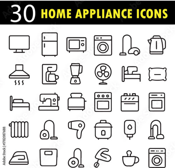 Fototapeta Home appliances vector set, household electronics outline icons, kitchen device line art collection, domestic equipment minimal illustrations, electric tools modern design bundle
