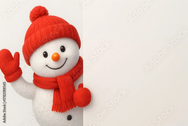 Fototapeta A cheerful snowman with a red hat and scarf peeks from behind a white wall isolated on white background, christmas