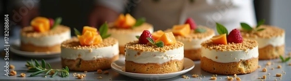 Fototapeta Vegan cakes with fruit on them on a tray