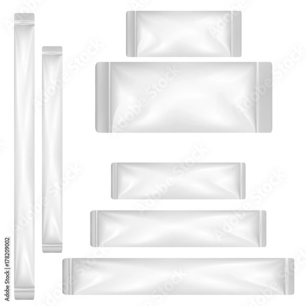 Fototapeta VECTOR PACKAGING: White gray plastic sachet or foil packet on isolated white background. Mockup template ready for design