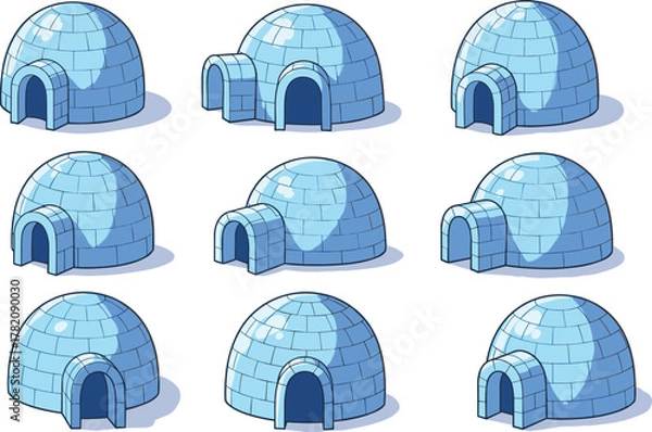 Obraz Collection of cartoon igloos made from ice blocks, arctic snow domes in multiple angles and styles, traditional winter shelter illustration