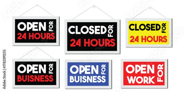 Fototapeta Open and Closed Sign Set – Business Hours, Work, and Service Labels in Bold Typography for Shop and Office Design