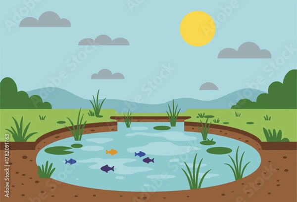 Obraz Sunny landscape with small pond, fish, and aquatic plants in nature park surrounded by grass and hills vector illustration