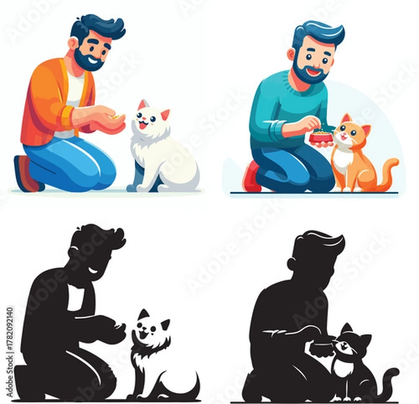 Obraz Set of vector and shilhouttes images of men and cats on a white background
