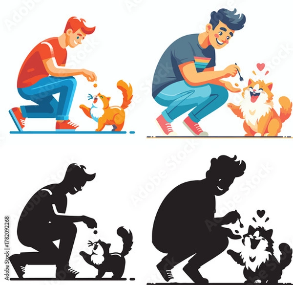 Fototapeta Set of vector and shilhouttes images of men and cats on a white background