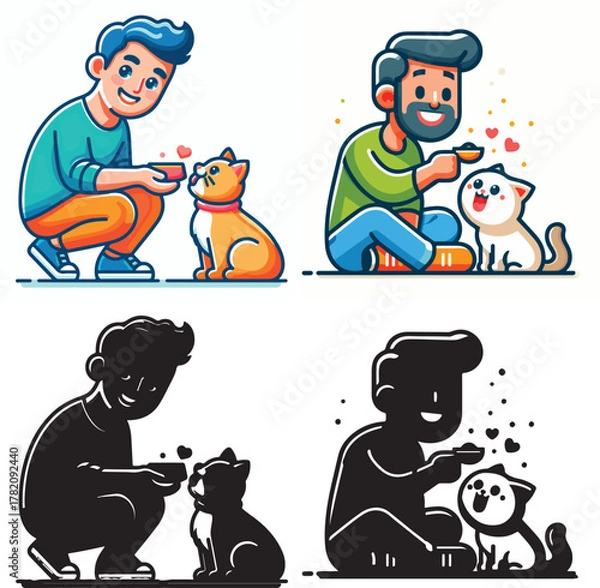 Fototapeta Set of vector and shilhouttes images of men and cats on a white background