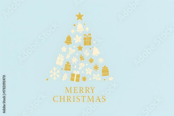 Fototapeta A golden christmas tree made of christmas ornaments on a light blue background with merry christmas text, christmas