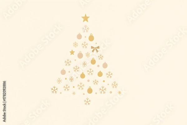 Fototapeta A golden christmas tree made of christmas ornaments on a cream background isolated on white background, christmas