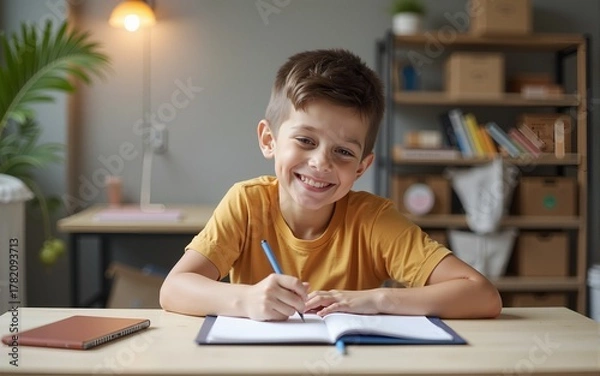 Obraz One happy boy doing homework on the desk. High quality