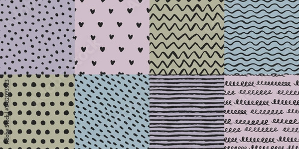 Fototapeta Hand-drawn seamless backgrounds collection with brush-painted waves, zigzags, striped, polka dot, mottled and hearts patterns. Vintage texture with black and purple blue pink green muted faded colors.