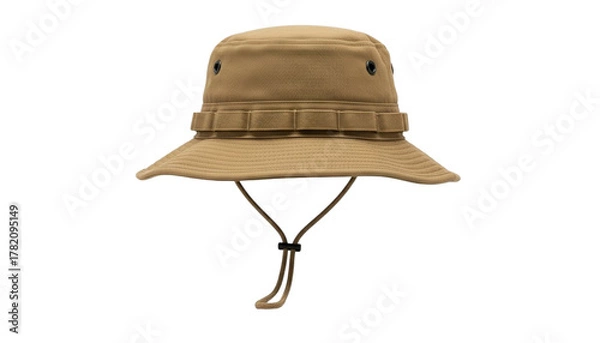 Obraz Khaki colored tactical bucket hat with chin strap and webbing loops for outdoor activities and adventures isolated on transparent background