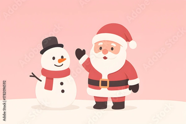 Fototapeta Cheerful santa claus and snowman waving hello, spreading christmas joy and winter greetings isolated on white background, christmas