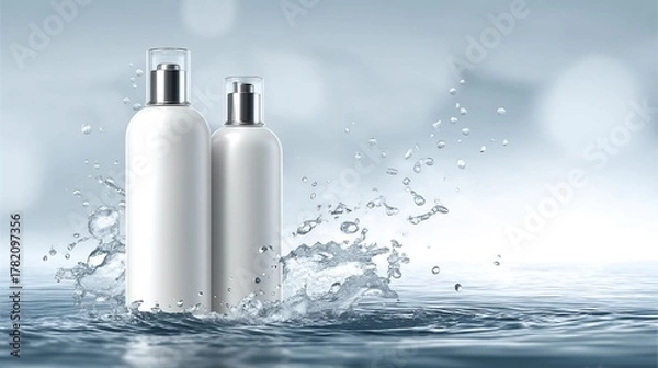 Obraz White cosmetic bottles stand in water with splash effects, creating a serene and clean aesthetic.