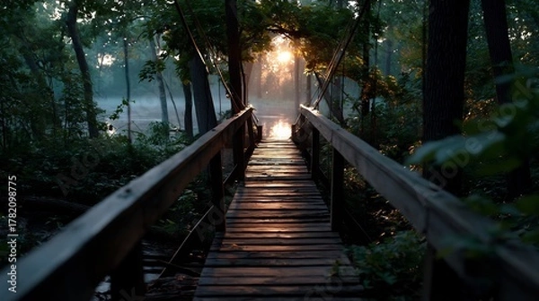 Fototapeta Wooden Bridge in Forest Sunlight: A Serene Pathway Through Nature's Embrace