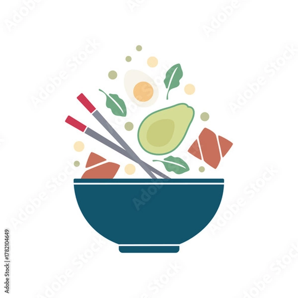 Fototapeta A poke bowl featuring light, balanced, healthy sports-style food — Asian cuisine with salmon, fresh vegetables, egg, avocado, and chopsticks floating upward.