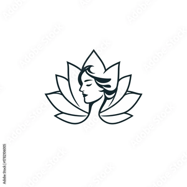 Fototapeta Elegant logo depicting a woman's face and neck emerging from a stylized lotus flower.